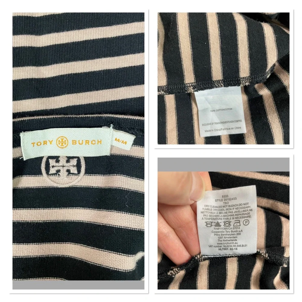 Tory Burch Black Tan Striped Cotton Mini T Shirt Dress Preppy Travel Career M